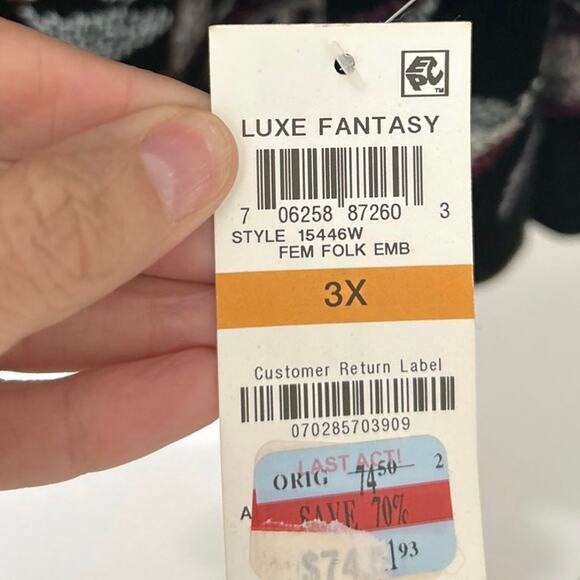 Style & Co Black Velvet Embroidered Baby Doll Top Boho Whimsigoth 3X New - Picture 12 of 15